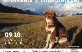 Plakat informujący o cyklu "Spotkania z podróżnikami"