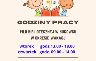 Plakat informujący o zmianie godzin biblioteki w czasie wakacji