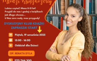 Plakat informujący o spotkaniu klubu książki dla dzieci i młodzieży